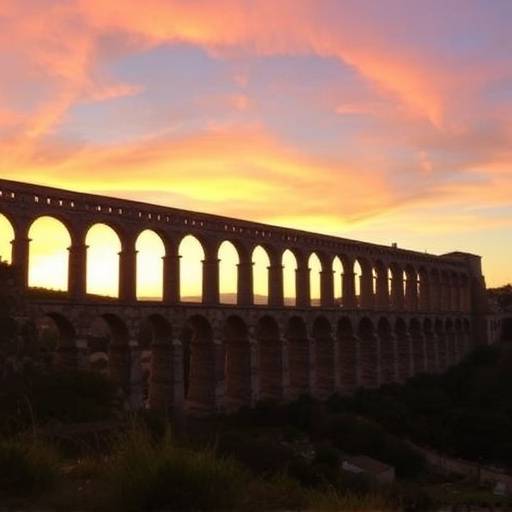 Vista del acueducto romano de Segovia al atardecer