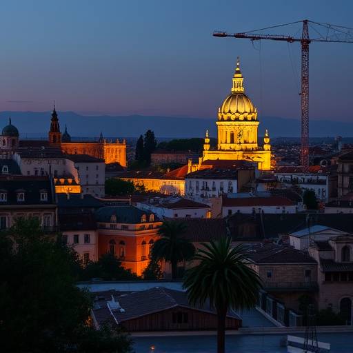 Vista del casco antiguo de Sevilla con la Giralda iluminada